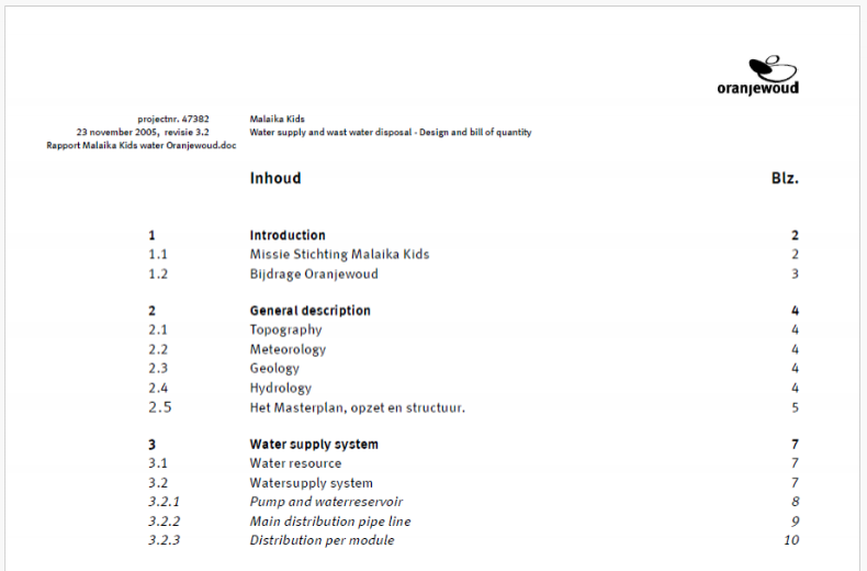 Rapport Oranjewoud voor watervoorziening en afvoer
